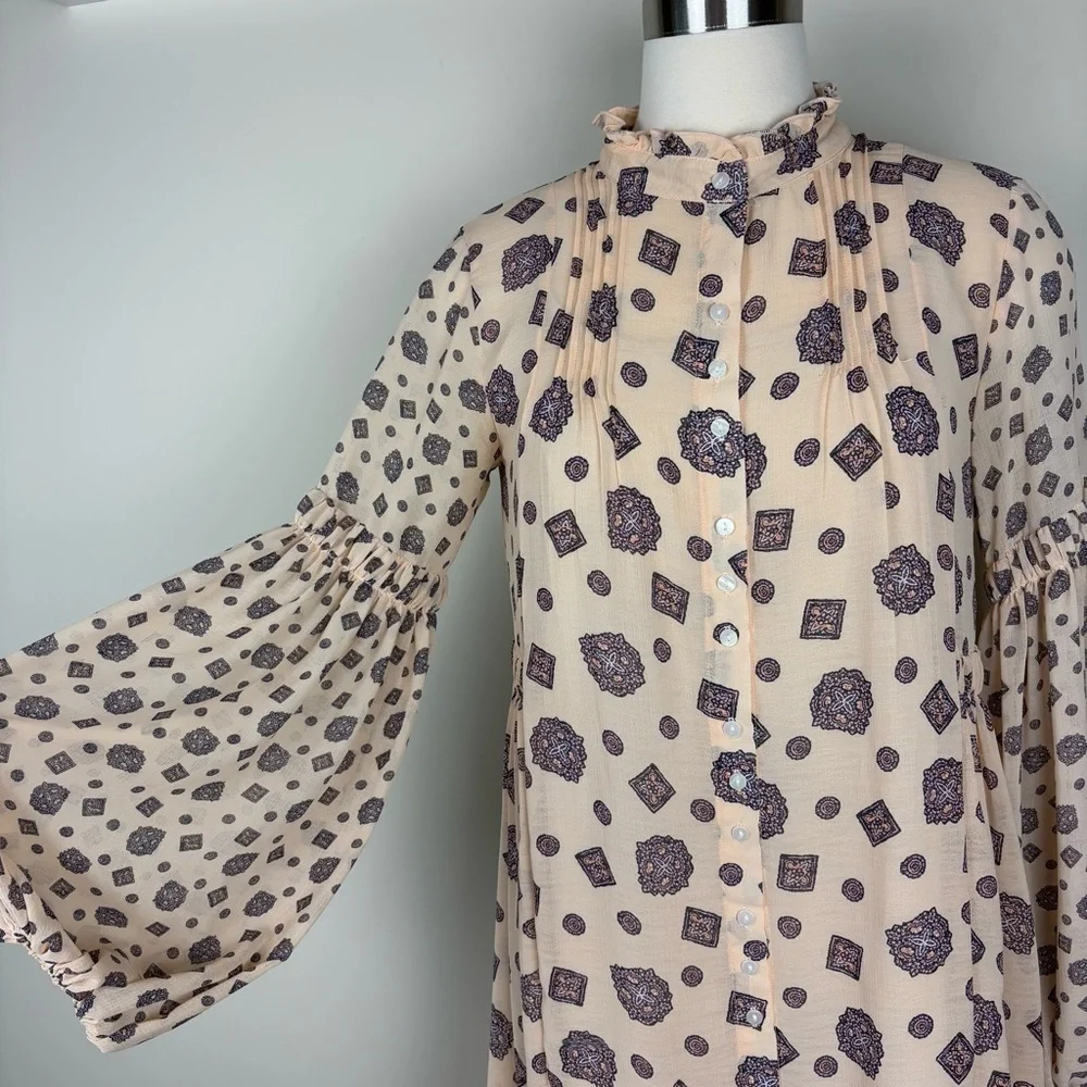 Free People Turn Turn Mini Button Front Dress Sz XS Cream Purple Print Boho Chic